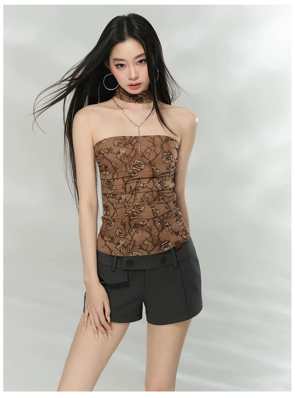 Floral Mesh Choker-Neck Strapless Top