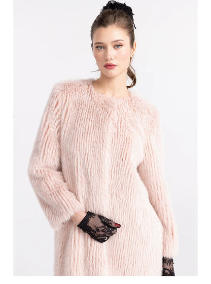 Round-Neck Eco-Faux Fur Long Coat