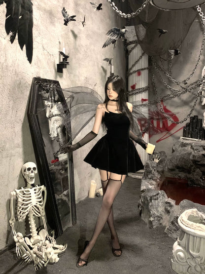 Devil’s Kiss Strapless Velvet Puff Dress