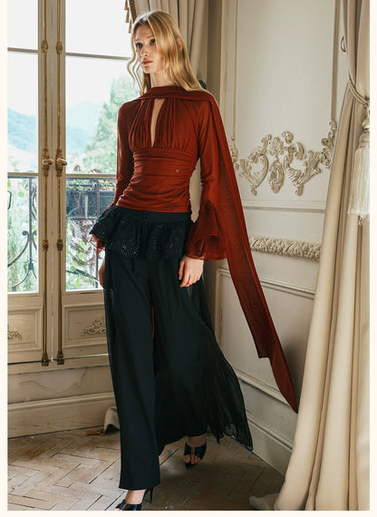 Nina Halter V-Neck Slim Tie Detail Crop Blouse