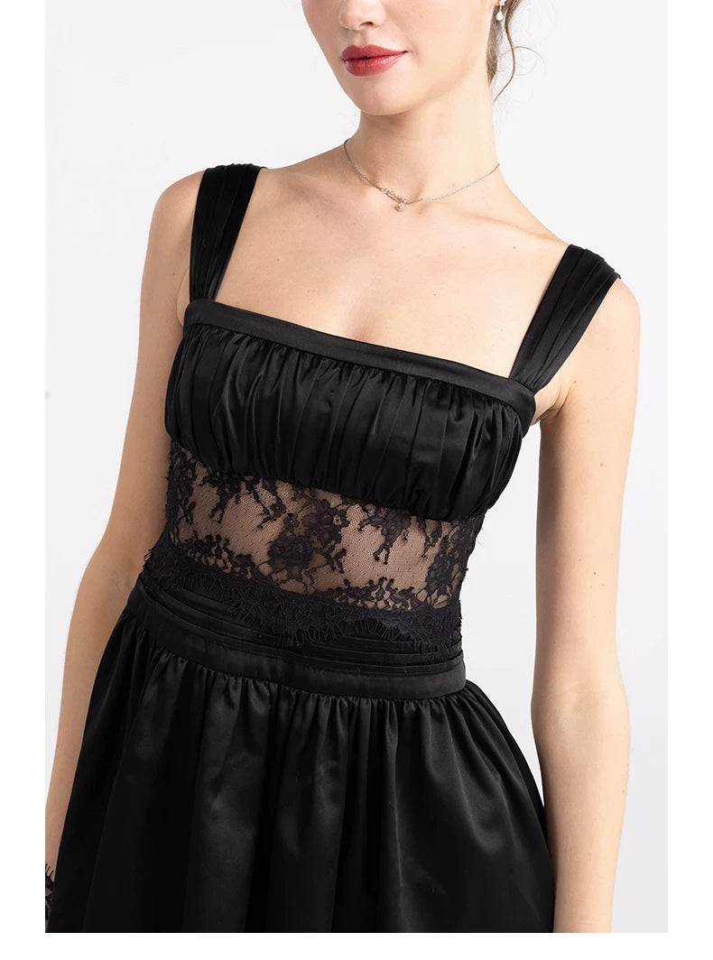 Lace-Trim Satin Sheer-Waist Mini Dress