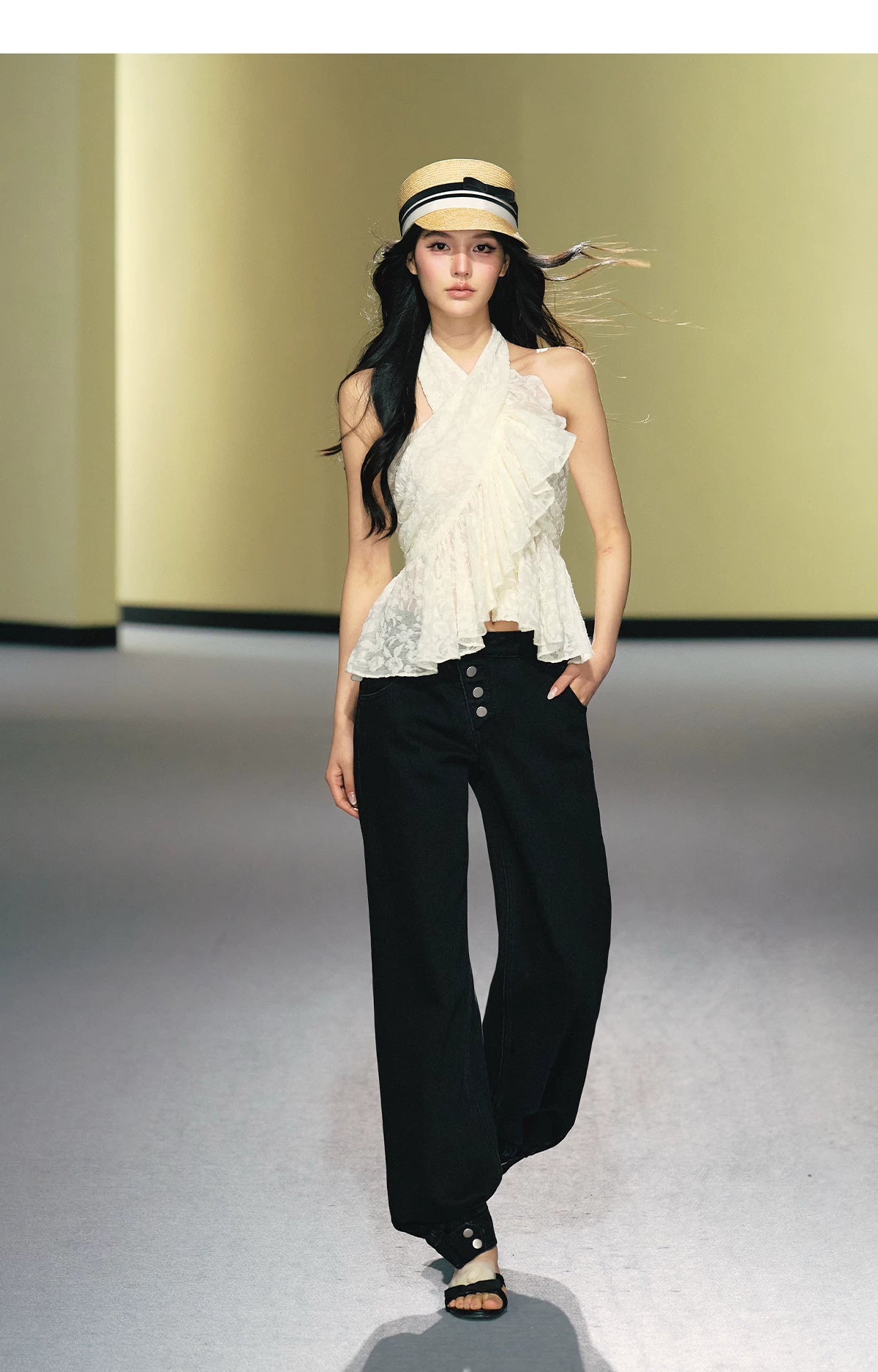 Lace Crisscross Halter Ruffle Top