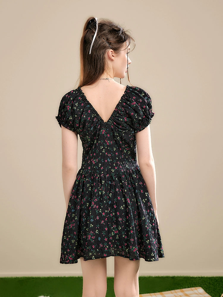 Black V-neck Ruffle Trim Floral Dress