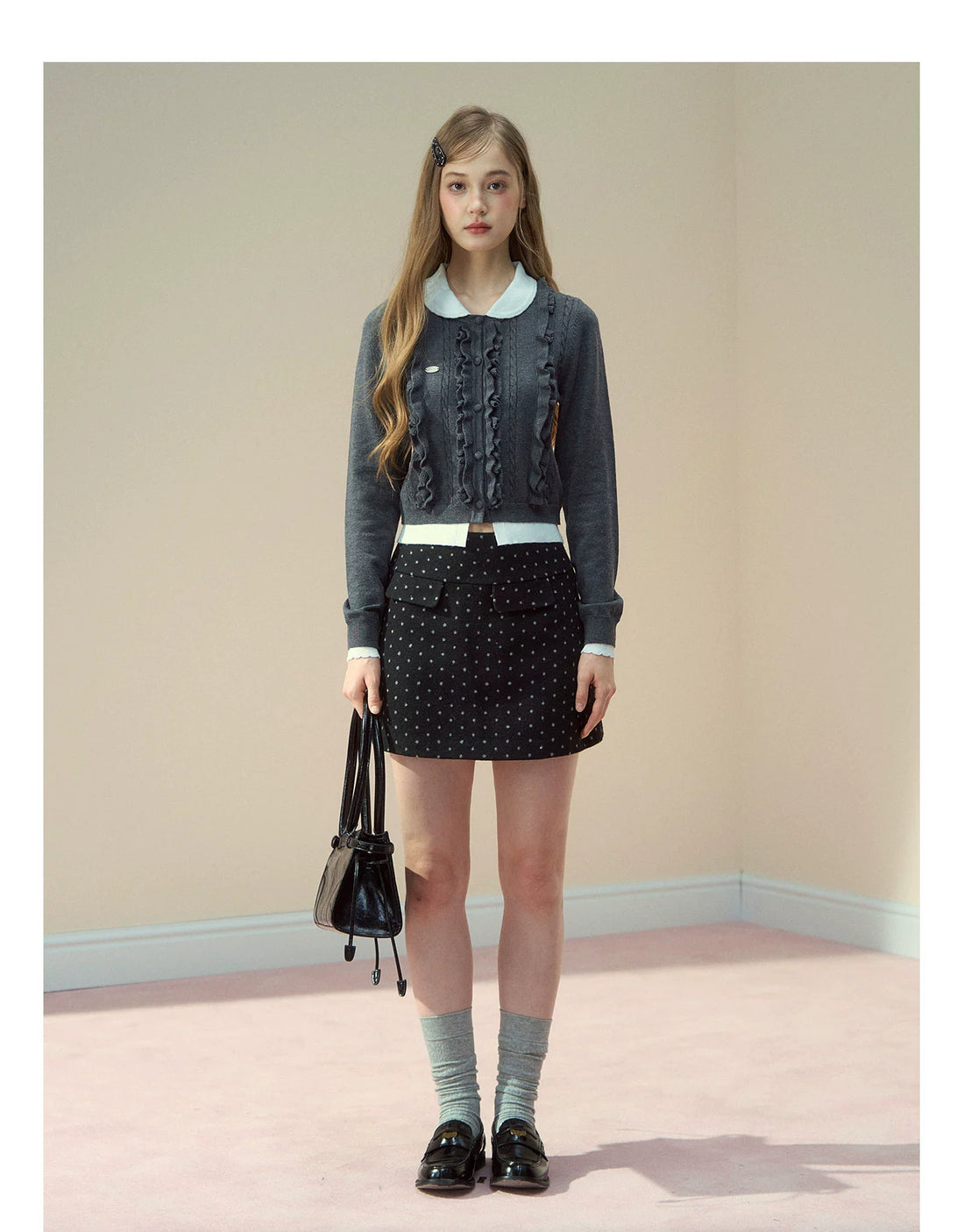 Grey Ruffle Collar Knit Cardigan