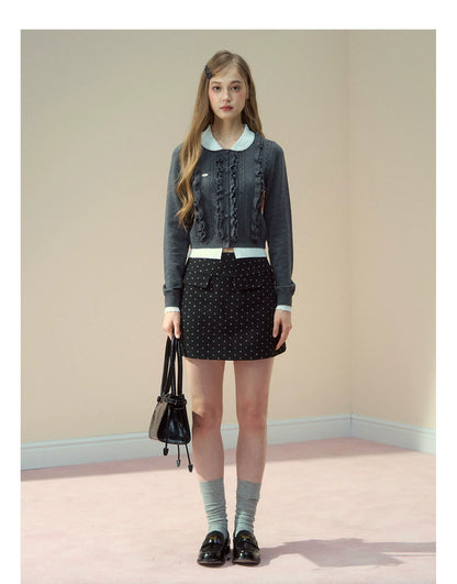 Grey Ruffle Collar Knit Cardigan