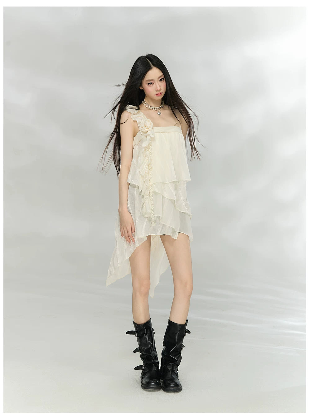 Asymmetric Ruffle Rose Detail Layered Dress