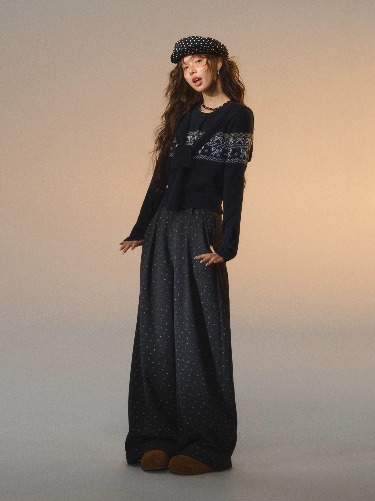 Fair Isle Bow Layered Knit Sweater