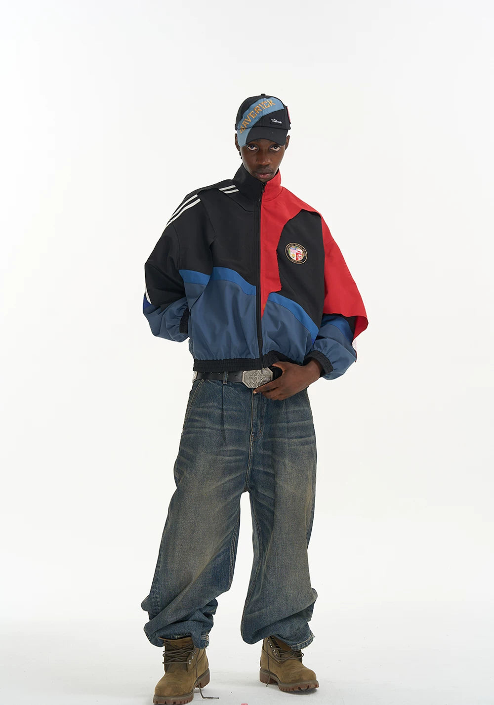 Distressed Cut-Out Color-Block Sport Jacket