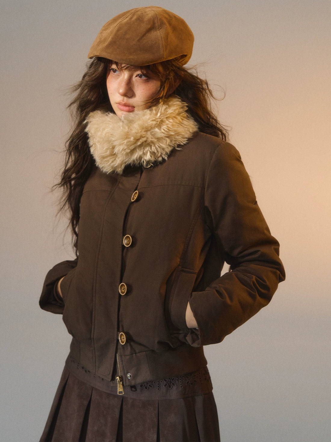 SOMESOWE Detachable Fur-Collar Fitted Down Jacket – view 3