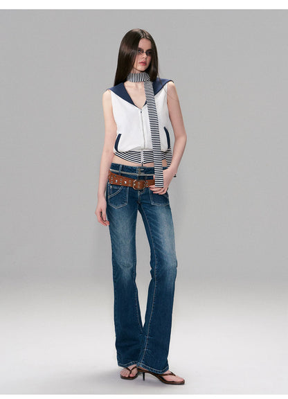 Color-Block Nautical Sailor Collar Sleeveless Top