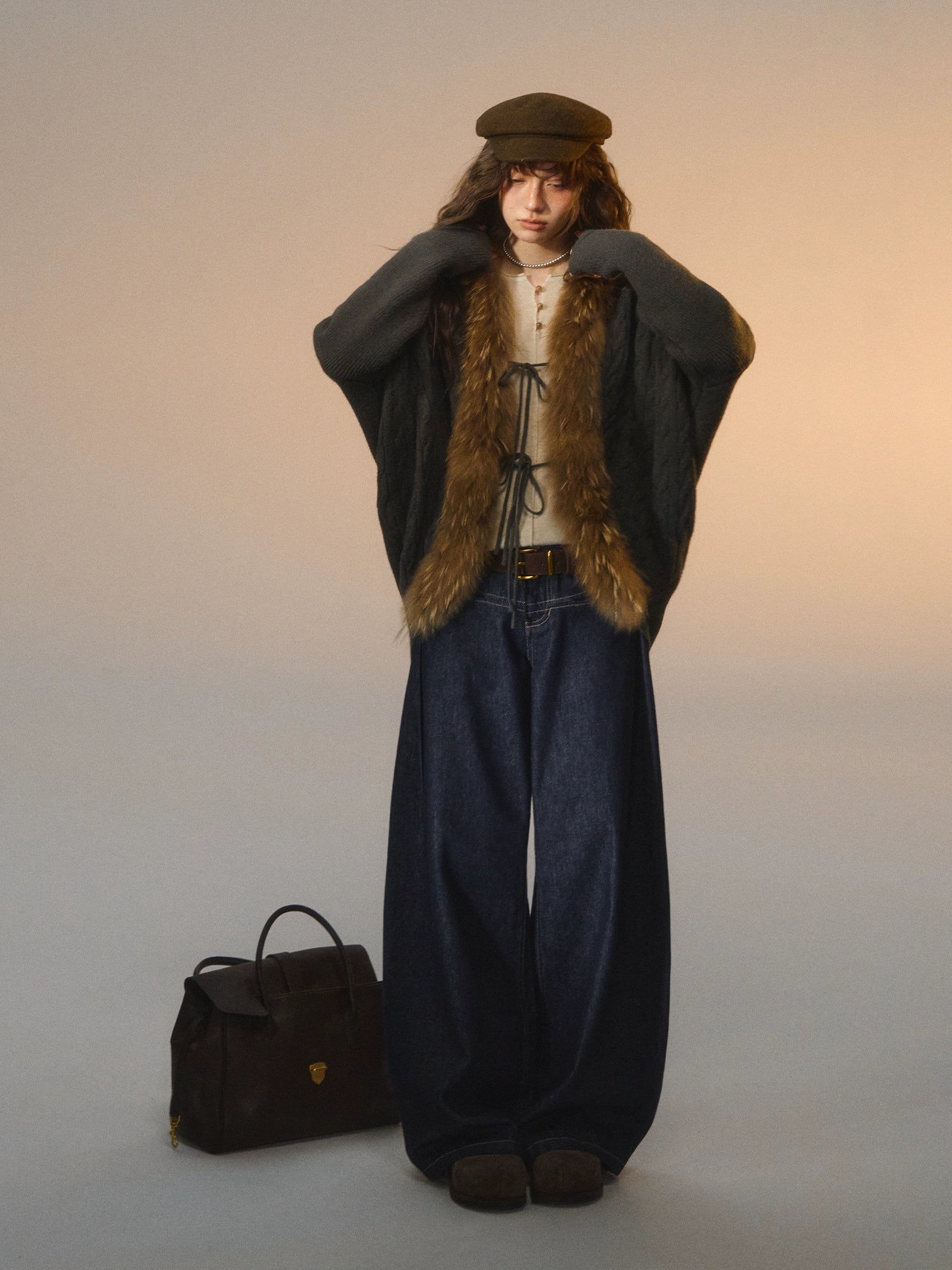 Tie-Detail Batwing Faux Fur Collar Sweater