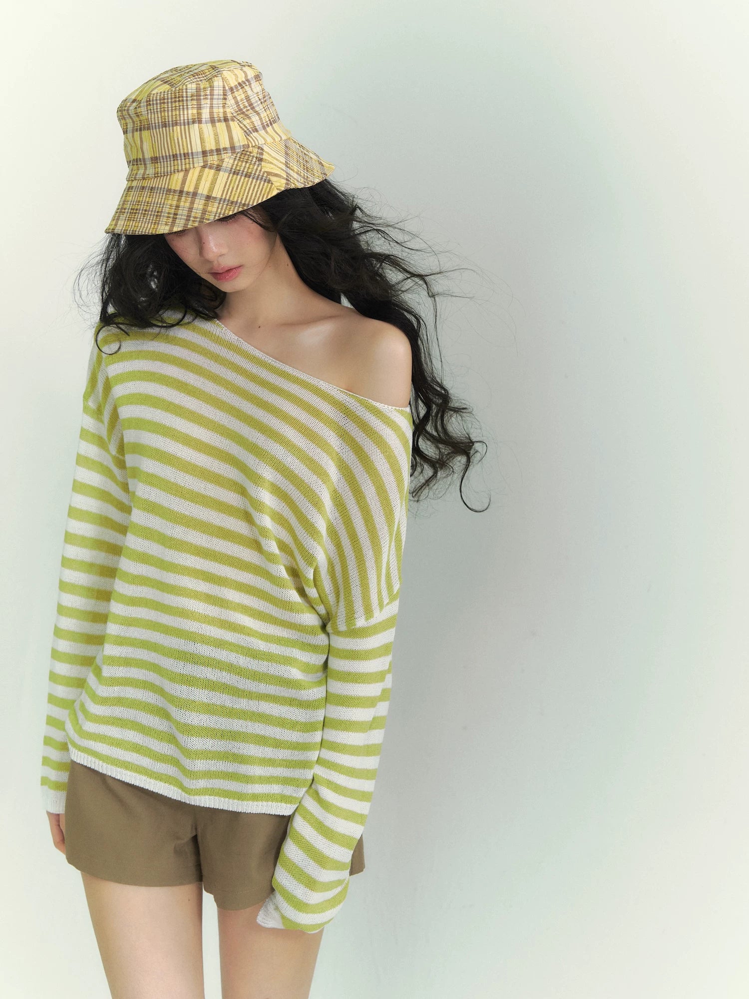 Washi Yarn Striped Off-Shoulder Long Sleeve Knit Top