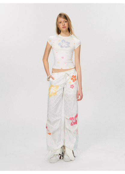 Rhinestone Floral Print Slim Fit Cropped T-Shirt