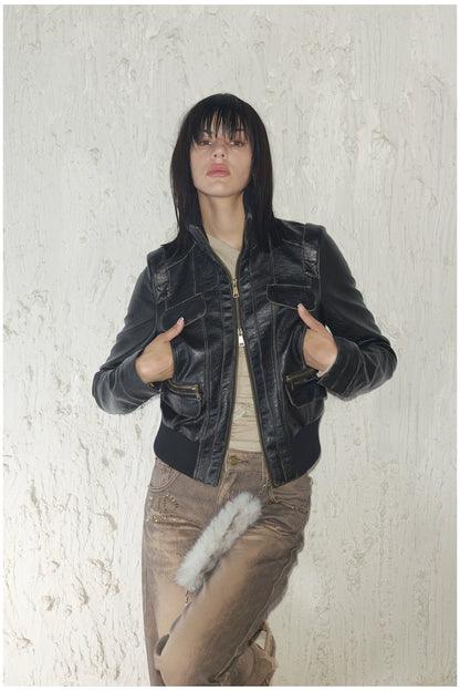 Distressed Cropped Biker Leather Jacket