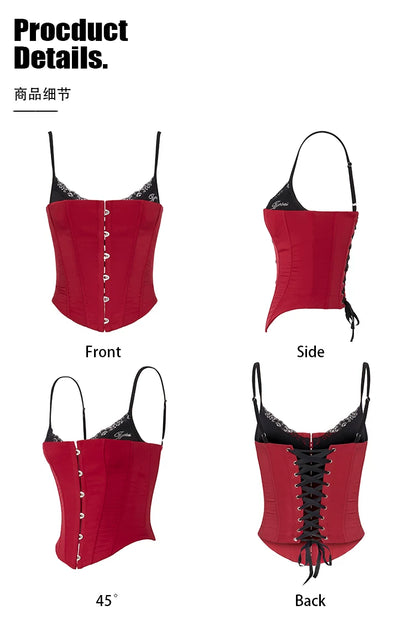 Crimson Lace Panel Hook Corset Camisole Top