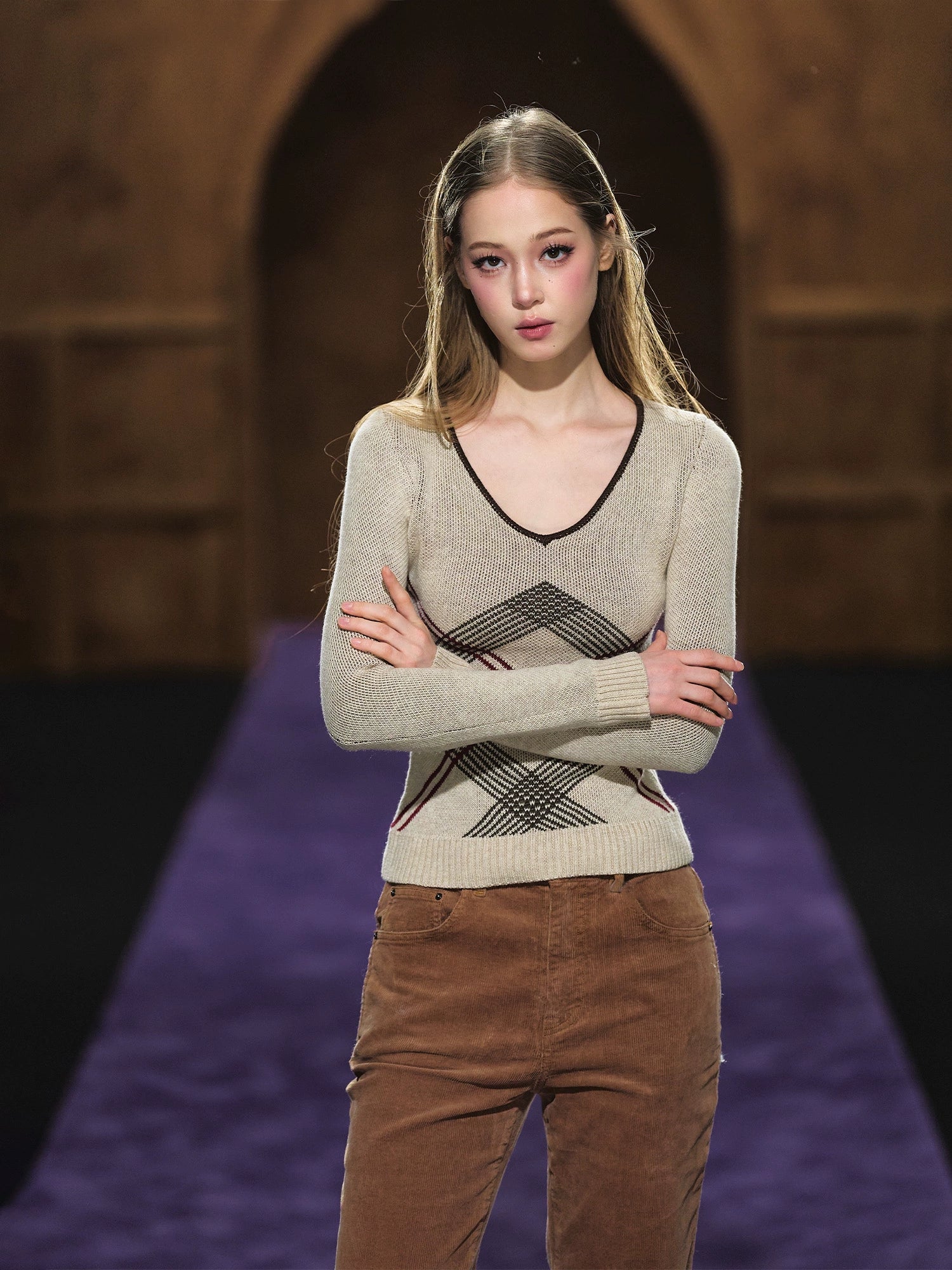 Vintage Check Contrast Slim-Fit Knit Crewneck