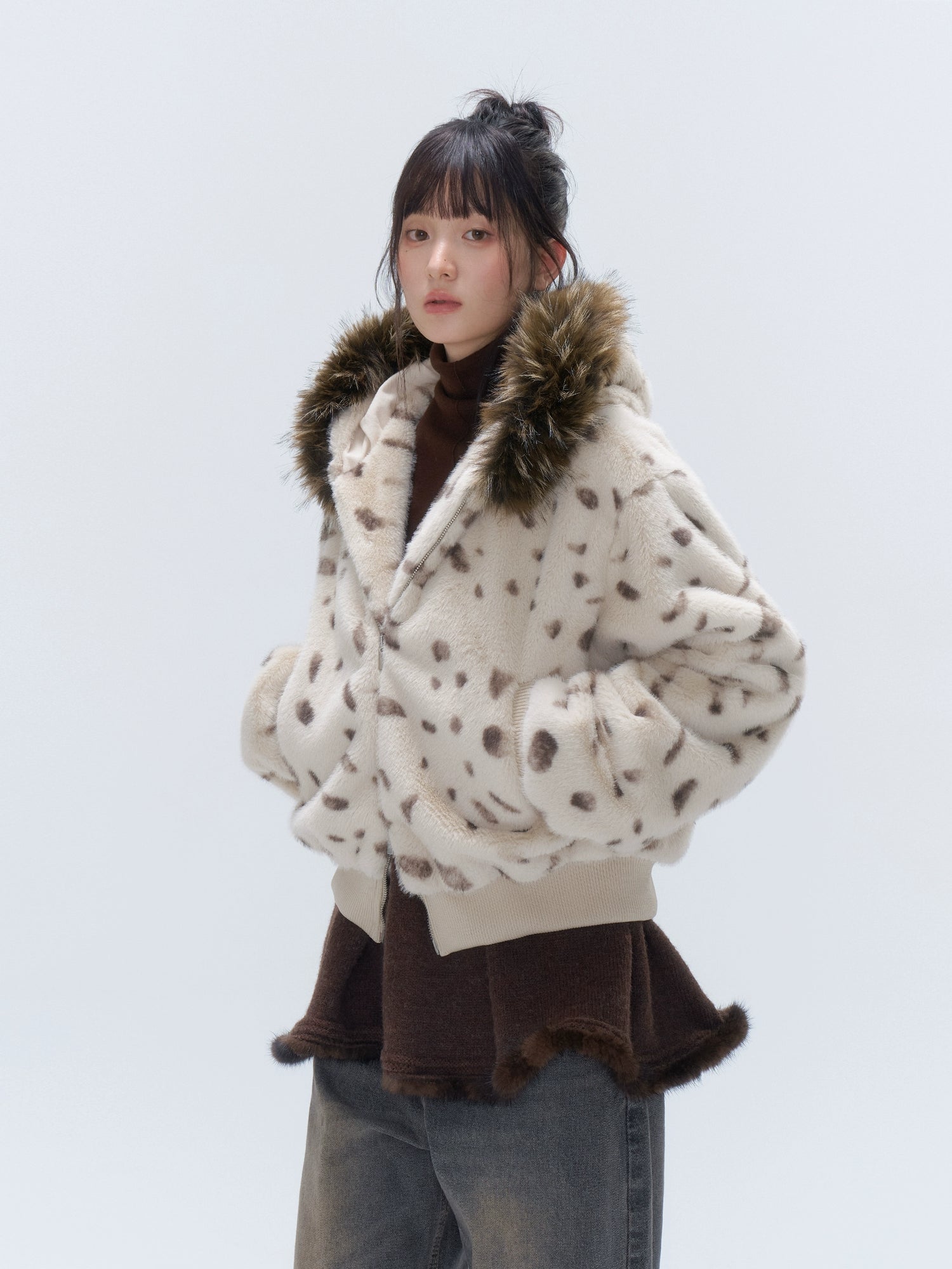 Faux Fur Hooded Zip-Up Cropped Jacket