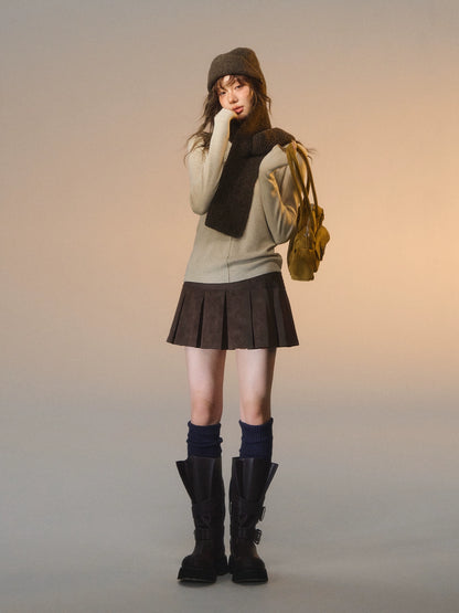 Lace-Trimmed Velvet Pleated Faux Leather Mini Skirt