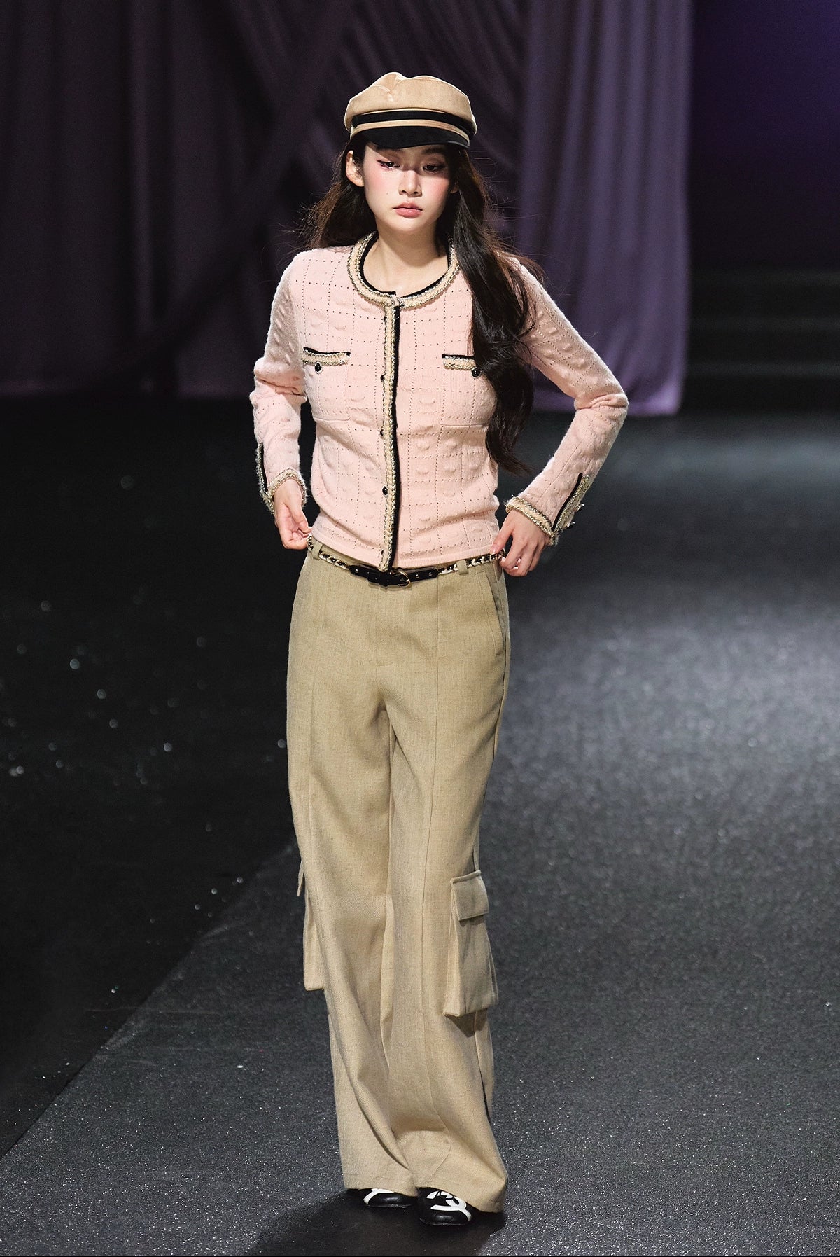 Tweed Braided Belt High-Waist Wide-Leg Pants