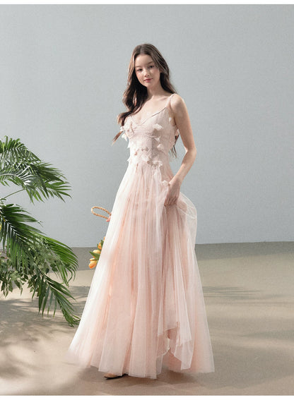 Peach Mist Floral Tulle Layered Slip Maxi Dress