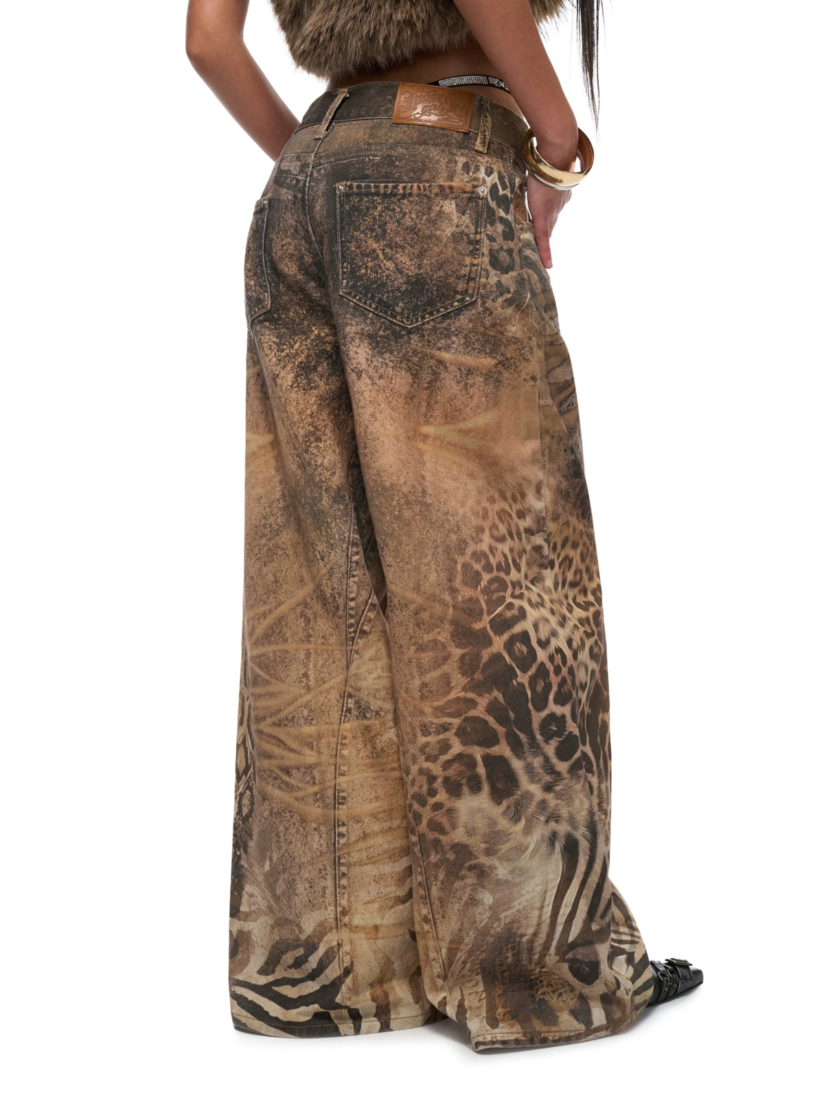 Washed Wide-Leg Printed Denim Pants