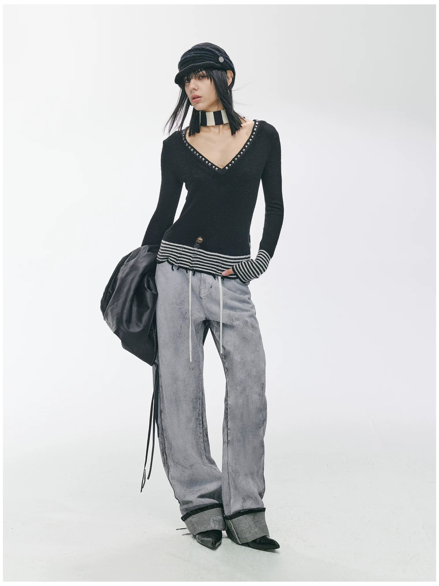 Striped Panel Slim-Fit Wool Knit Top