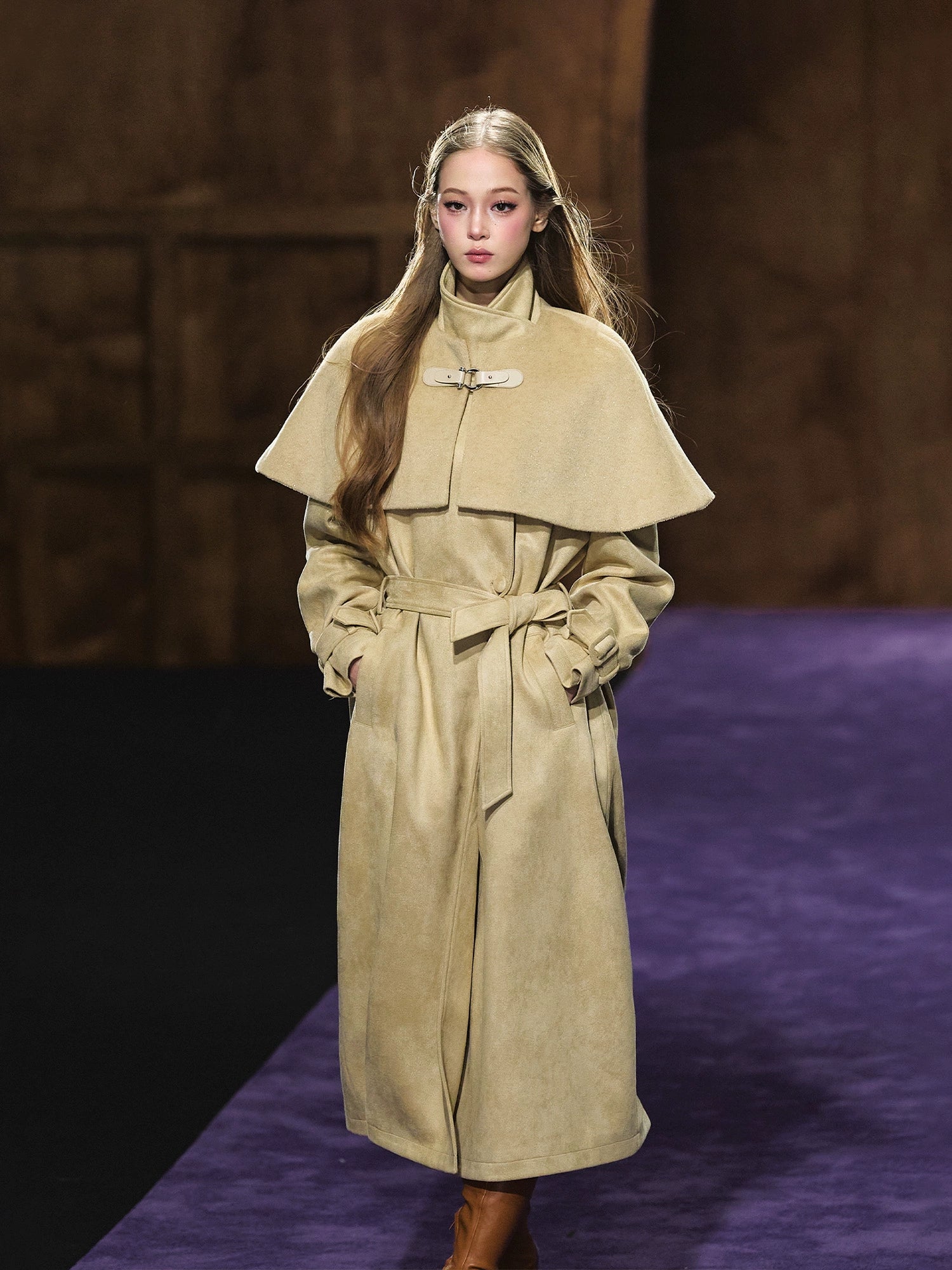 Shimmer Wool Cape Overlay &amp; Suede Long Detachable Belt Coat