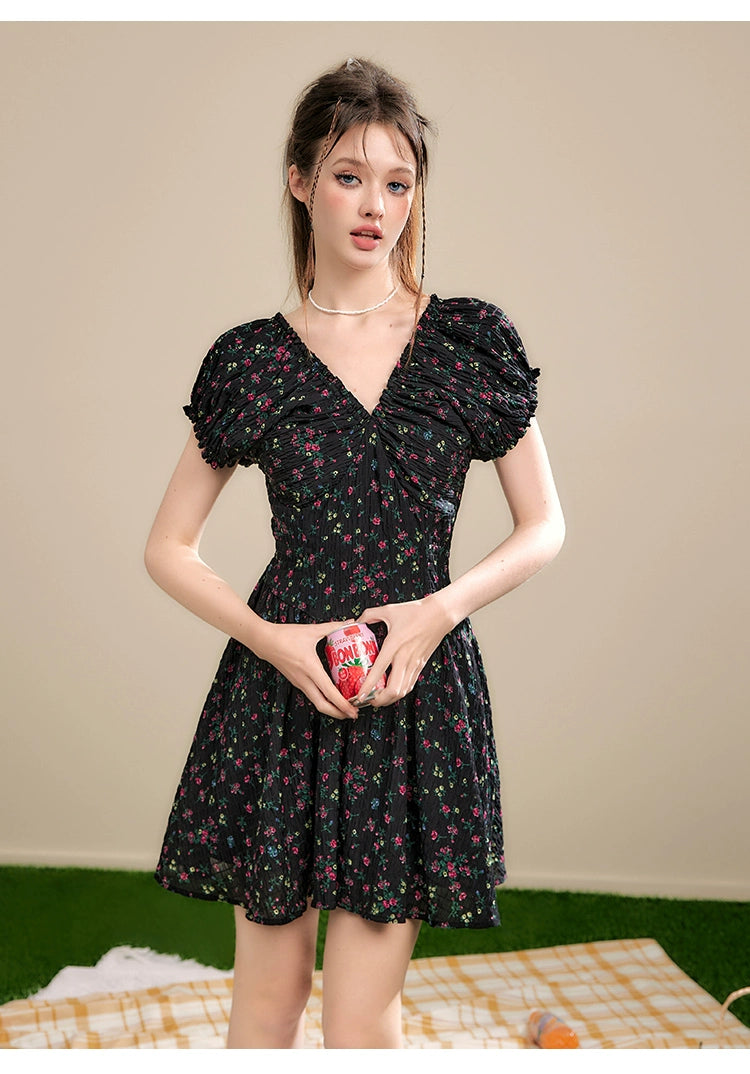 Black V-neck Ruffle Trim Floral Dress