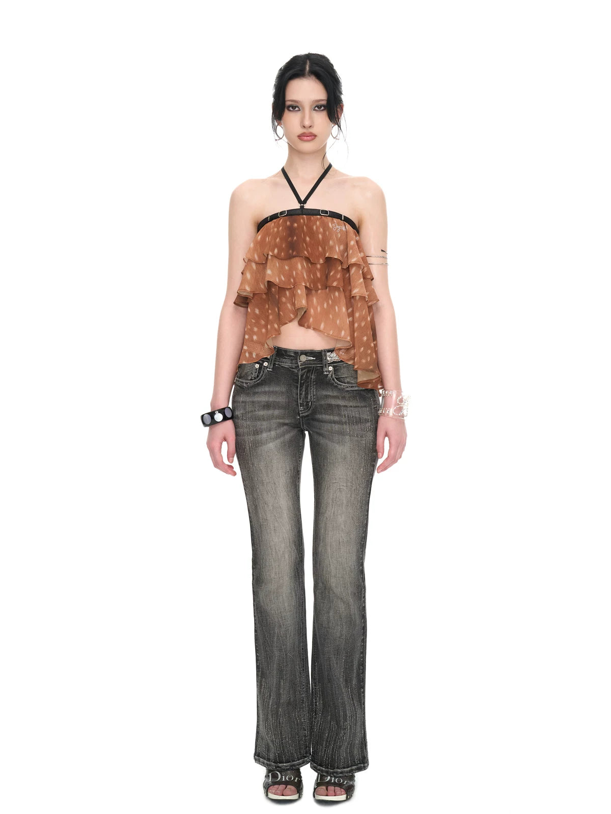 Fawn Print Asymmetric Chiffon Halter Backless Layered Blouse