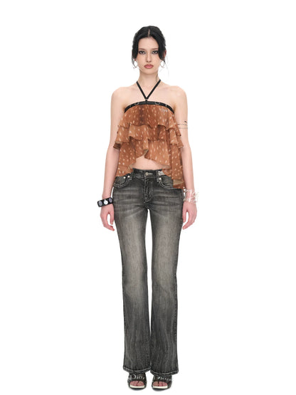 Fawn Print Asymmetric Chiffon Halter Backless Layered Blouse