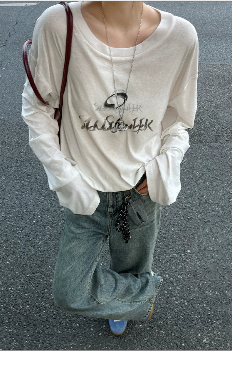 Vintage Washed Spray-Effect Long-Sleeve T-Shirt