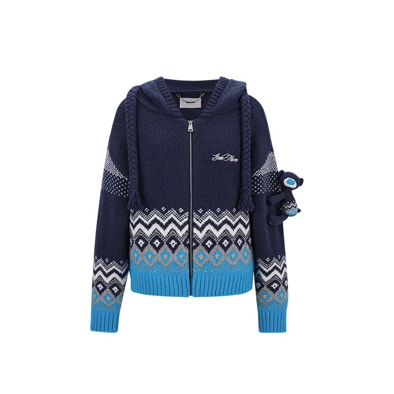 Contrast Zip-Up Hooded Knit Cardigan