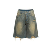 Denim Blue Distressed Five-pocket Denim Shorts - CHINASQUAD