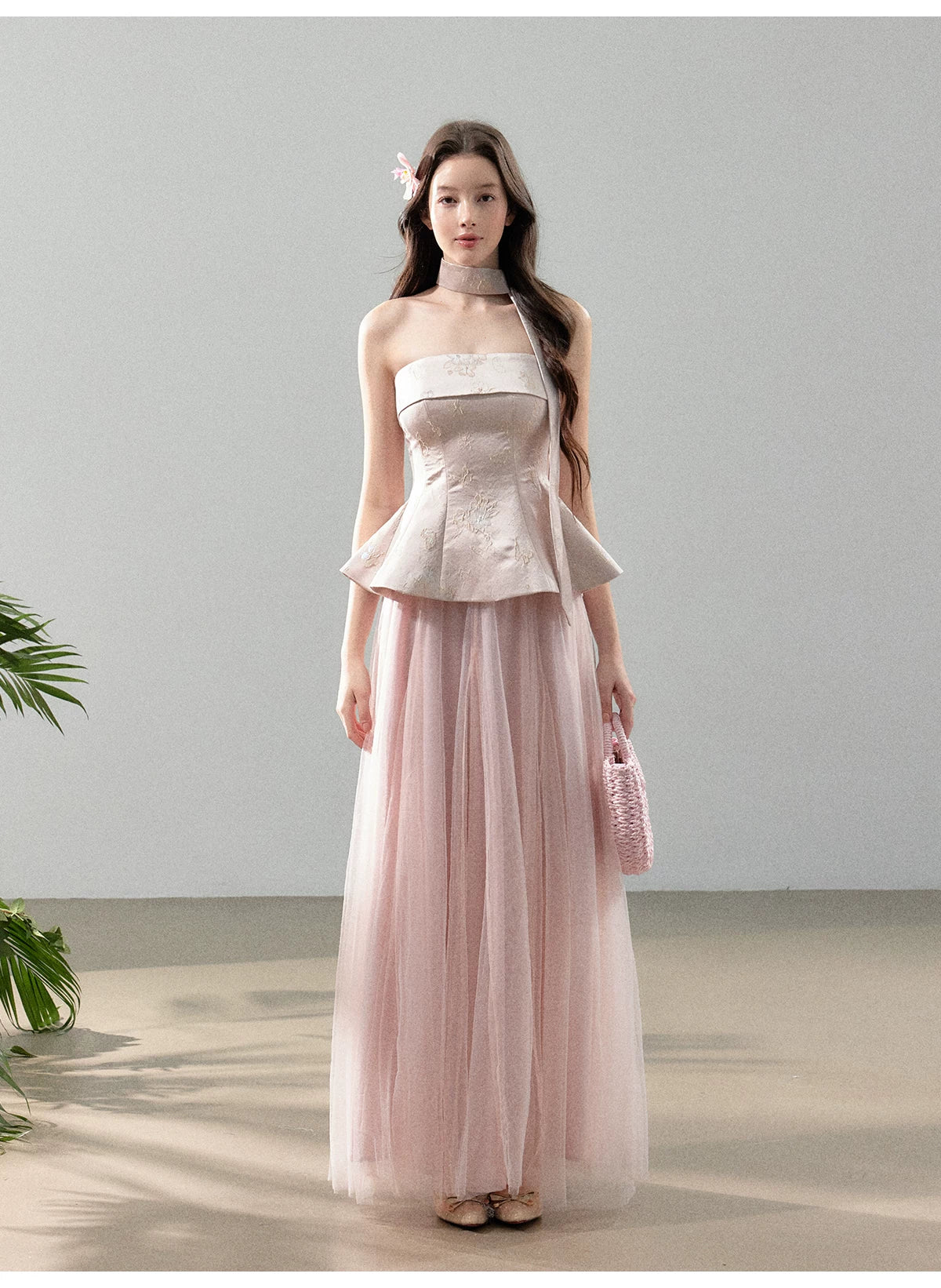 Floral Jacquard Corset Top &amp; Sheer Mesh Skirt Set