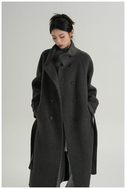Stand-Collar Long Wool Coat