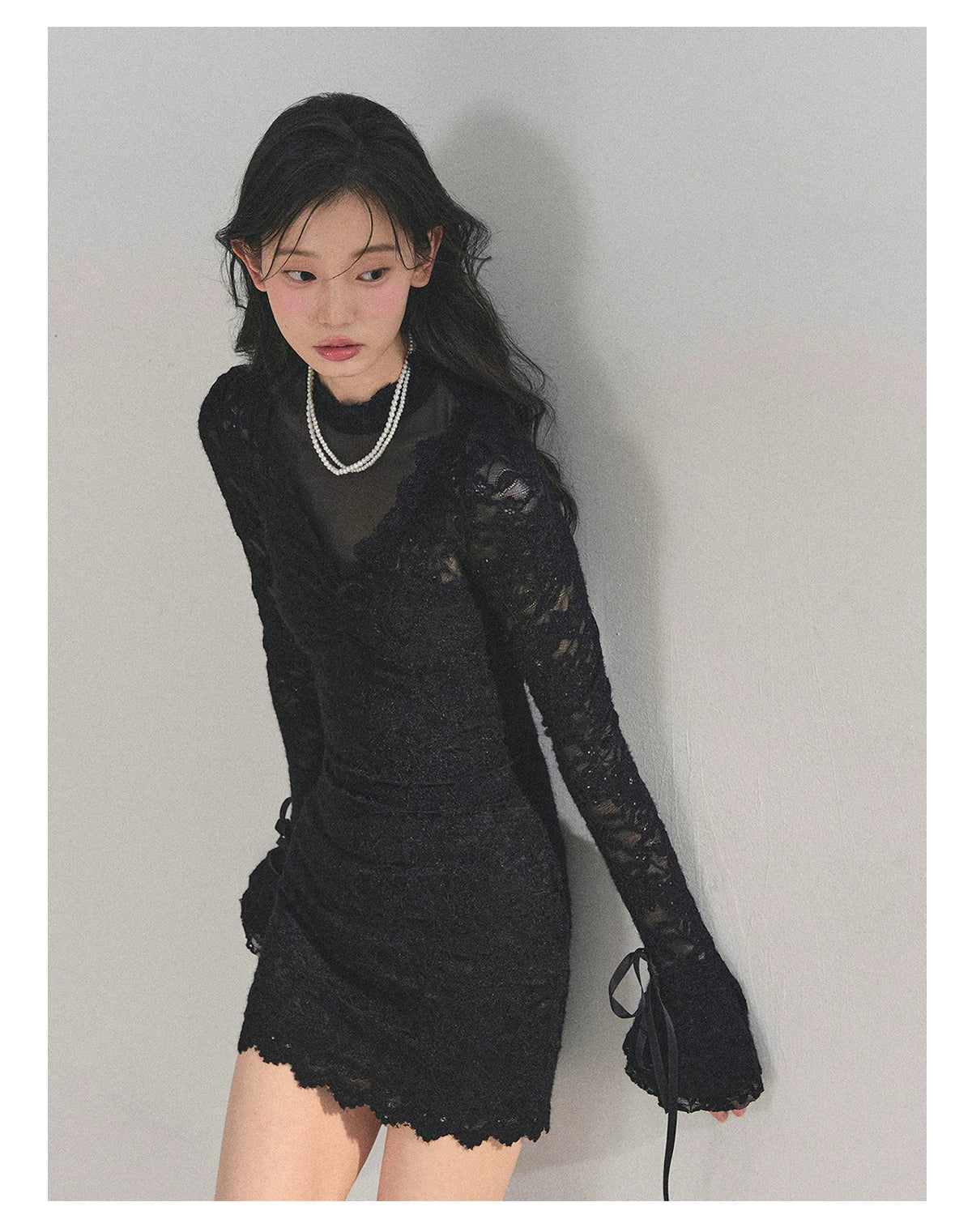 Lace Mesh Long-Sleeve Mini Dress