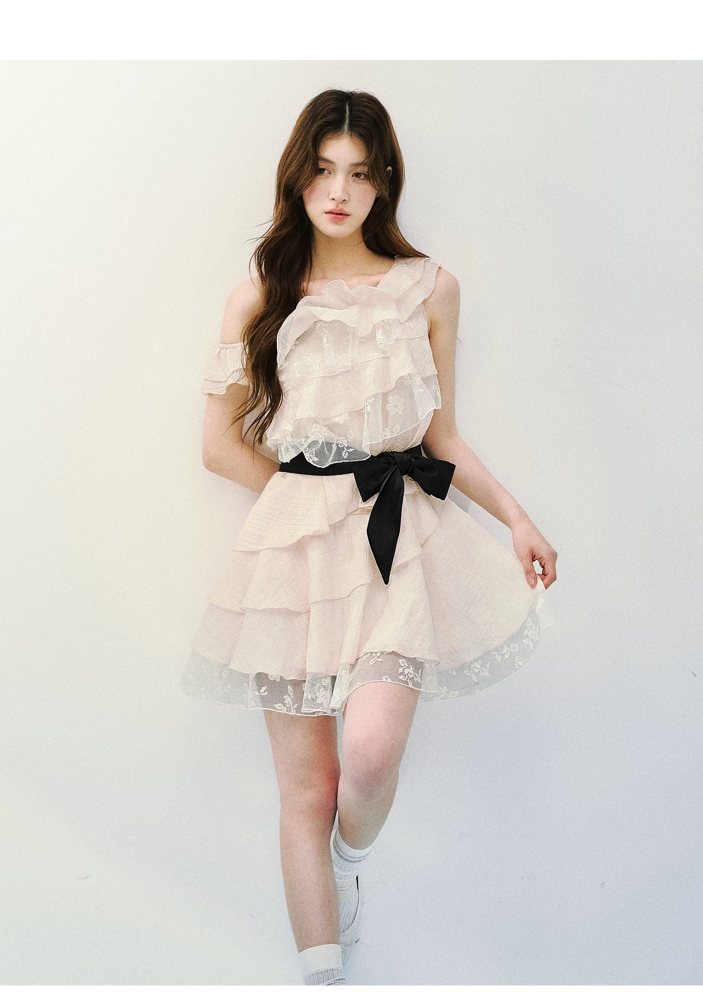 Asymmetric Lace Tiered Ruffle Dress