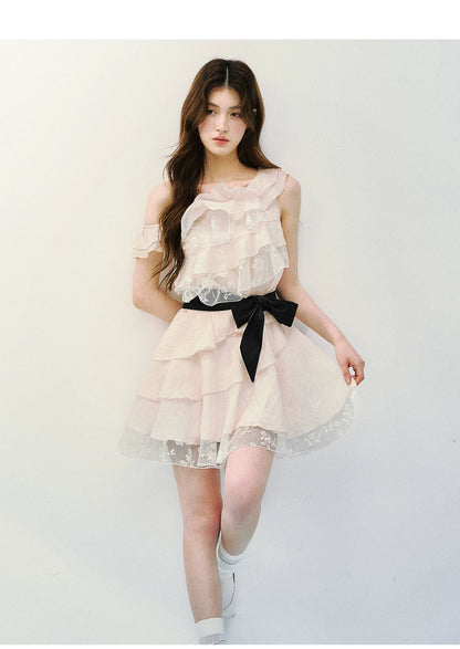 Asymmetric Lace Tiered Ruffle Dress