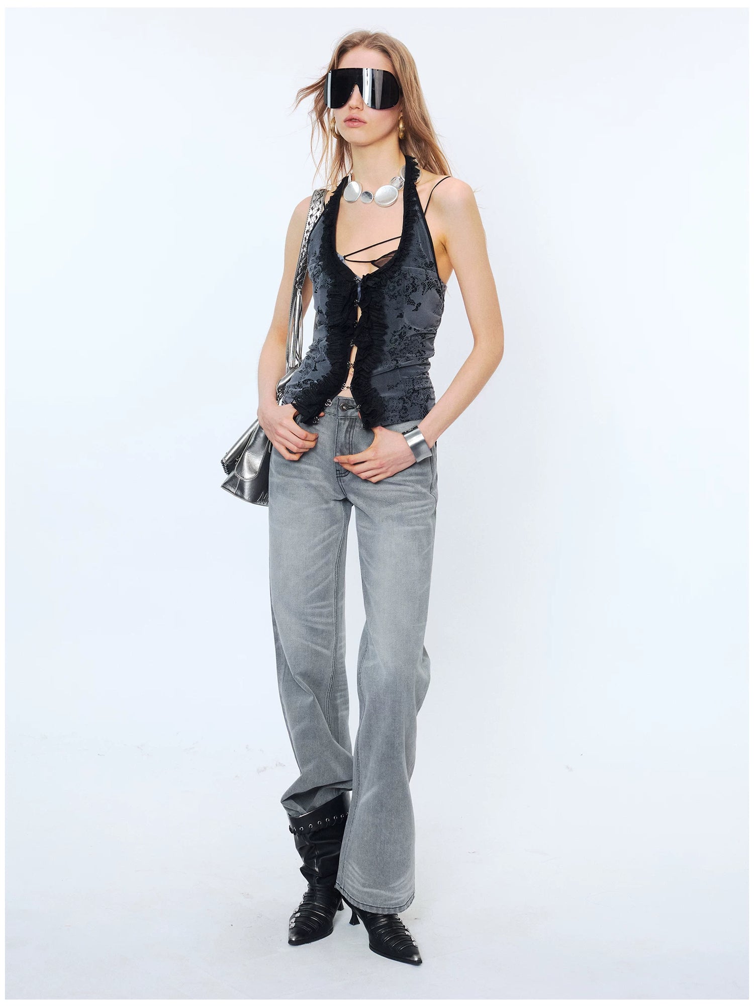 Lace Ruffle Floral Halterneck Camisole