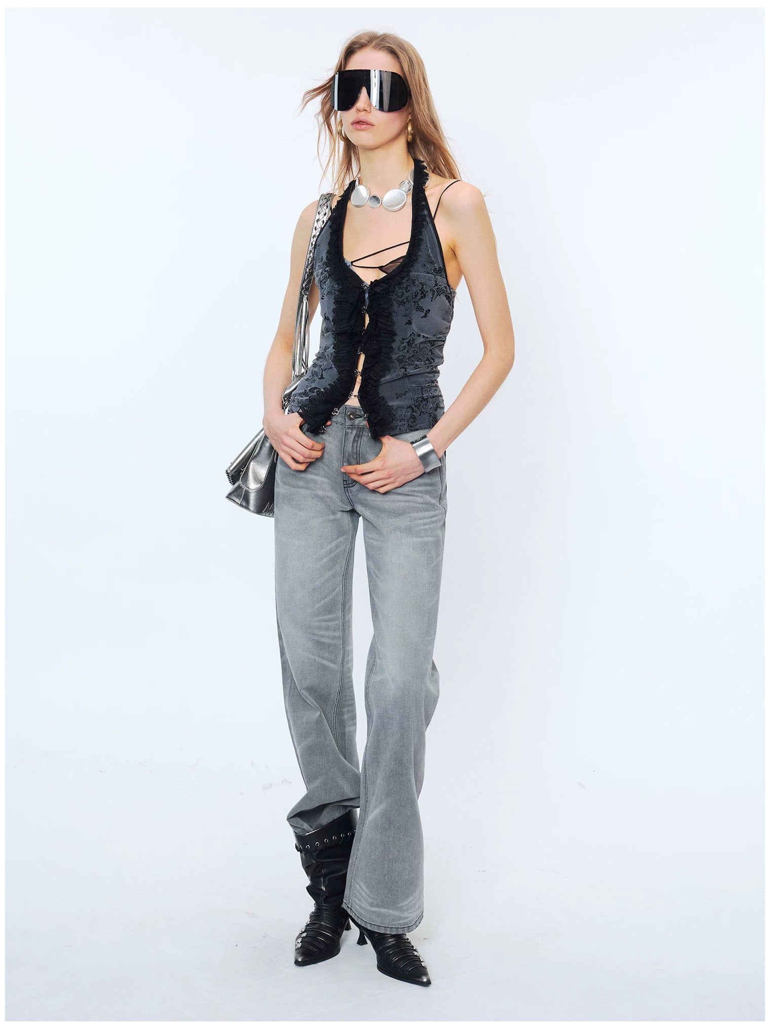 Lace Ruffle Floral Halterneck Camisole