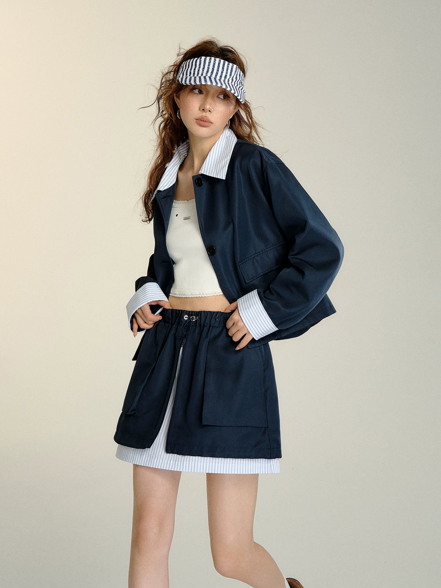 Navy Blue Faux Two-piece Striped Jacket &amp; Skirt