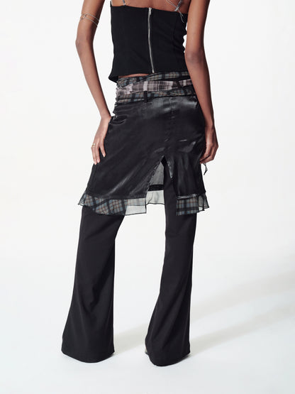 Contrast Plaid Ribbon-pieced Ruffled Skort