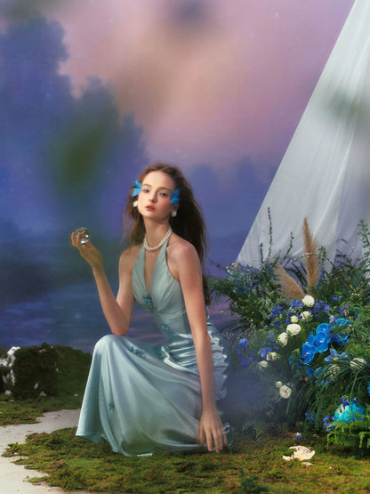 French Resort Halter Blue Floral Satin Dress