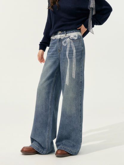 Lace Printed Wide-Leg Jeans - CHINASQUAD