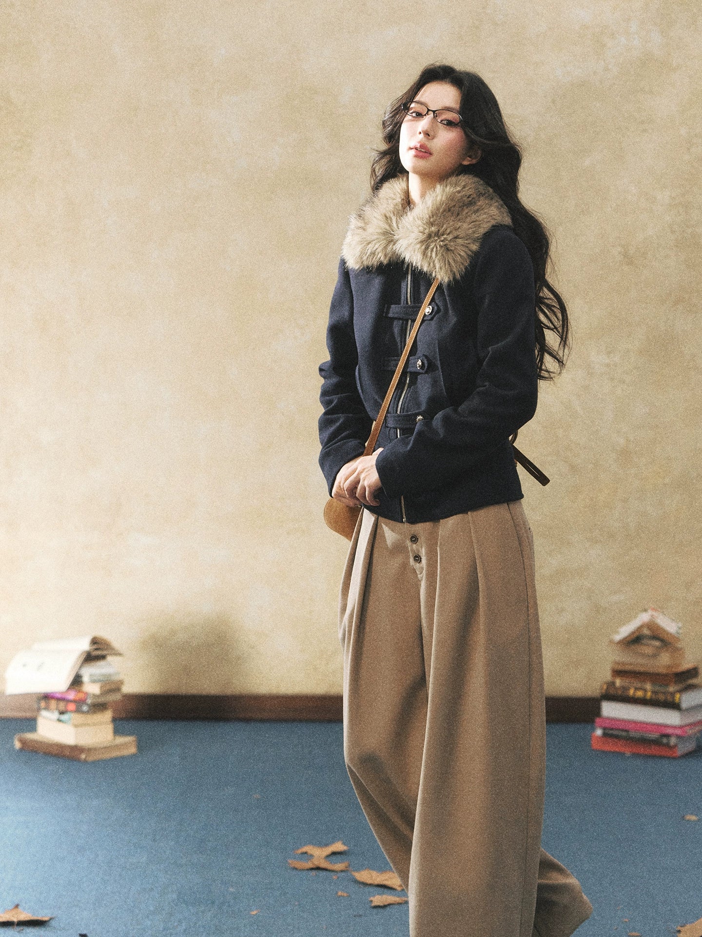 Fur Collar Waist-Defined Wool-Blend Jacket