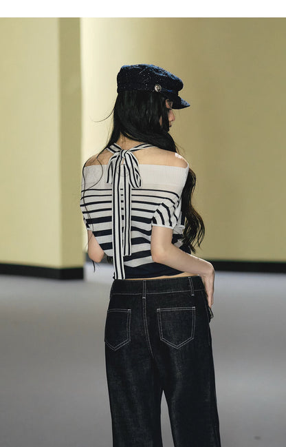 Nautical Stripe Off-Shoulder Halterneck Top