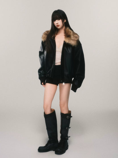 Faux Fur Collar Padded PU Biker Jacket