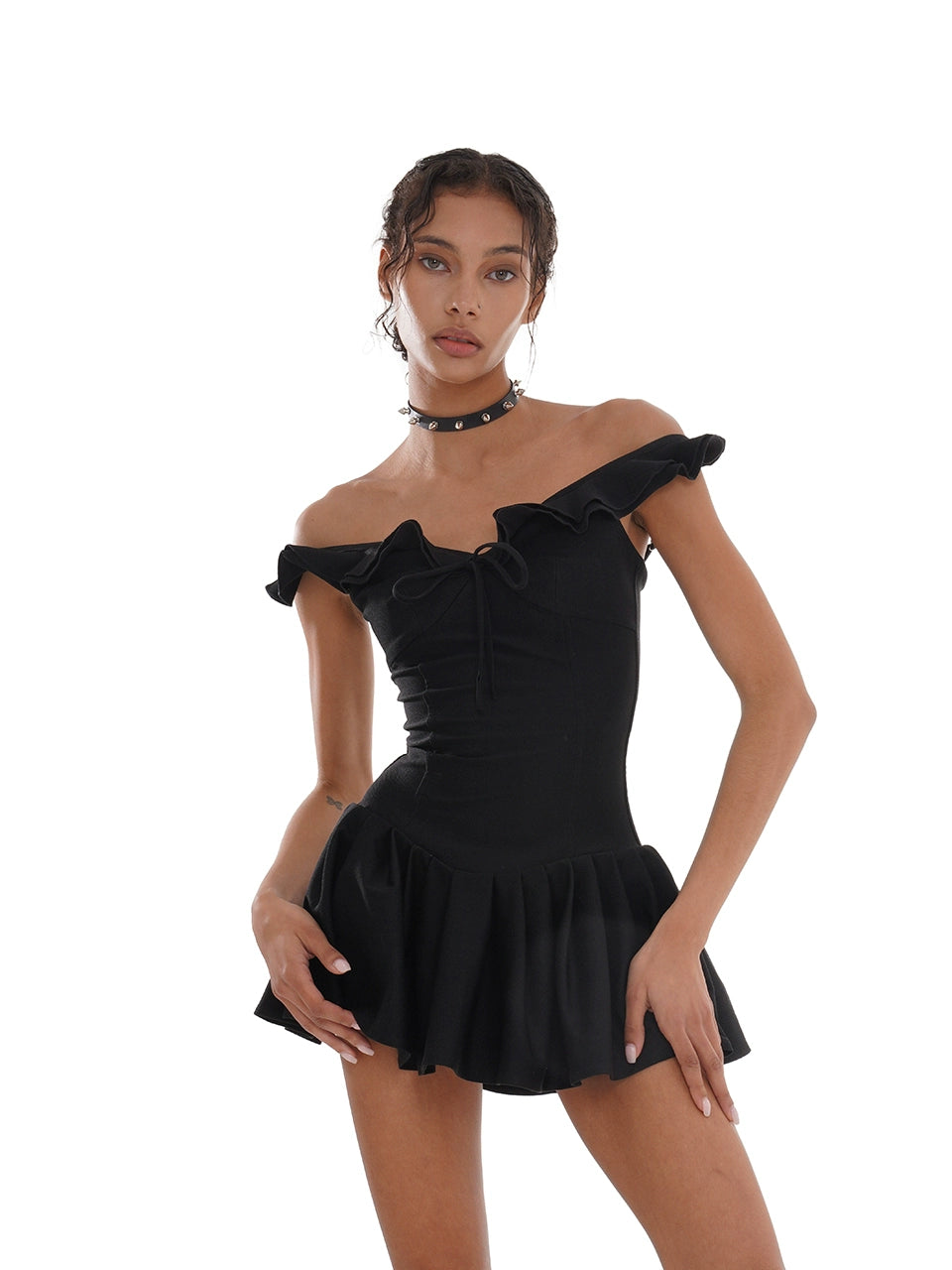 High Elastic Ruffled Waist Skater Mini Dress