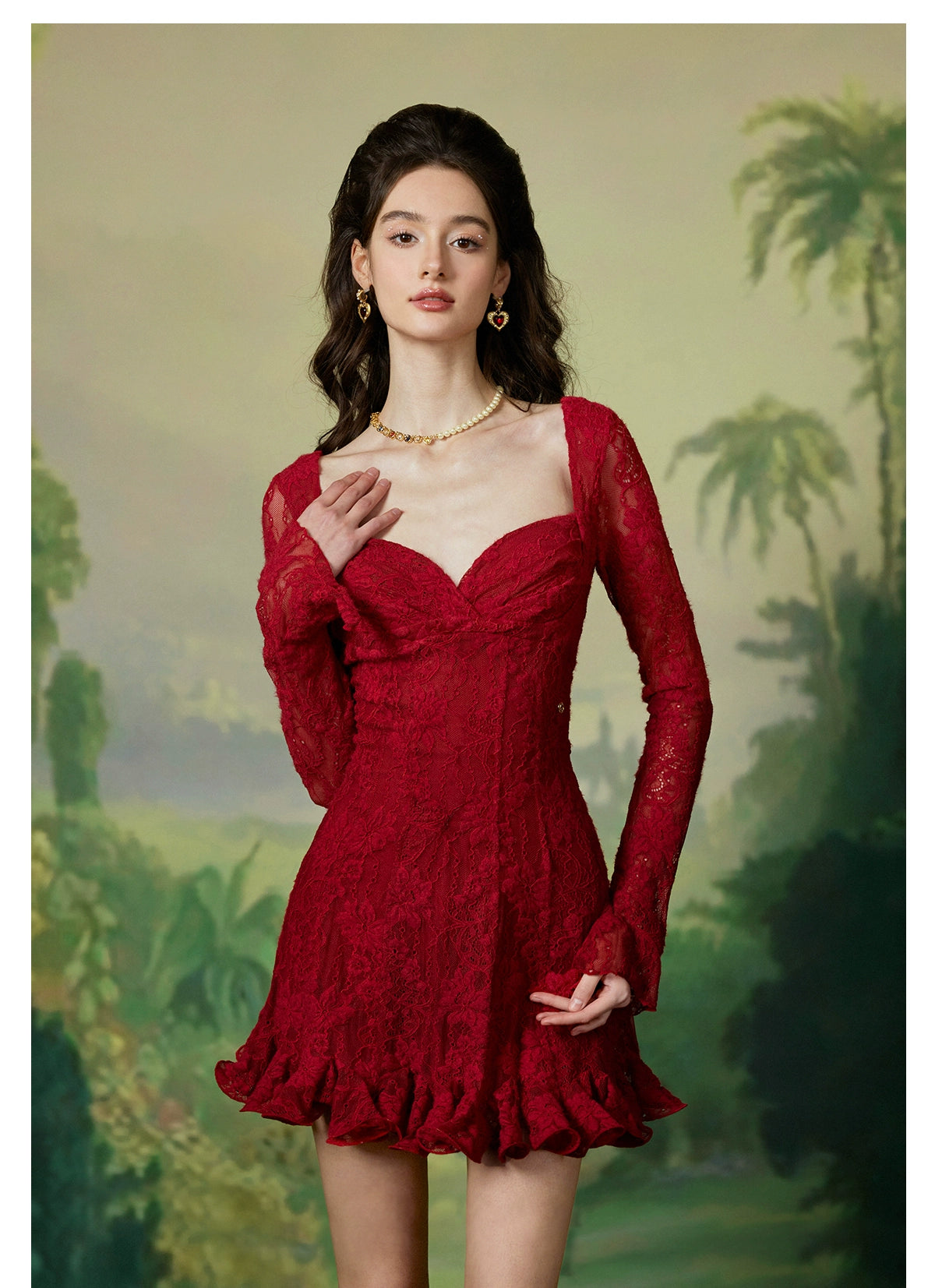 Lace Cinched Waist Long Sleeve Dress - CHINASQUAD