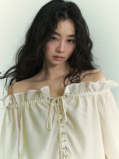 Off-Shoulder Lace-Up Lantern Sleeve Blouse